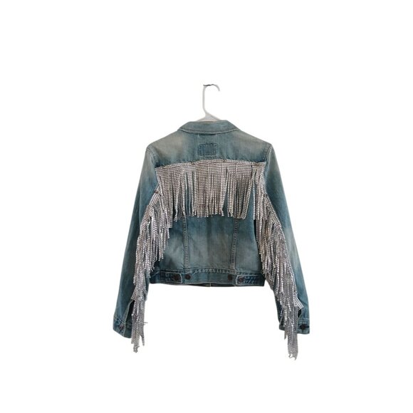 Levis Womens M Jean Jacket Custom Rhinestone Fringe Retro Western Festival Boho - Picture 1 of 8